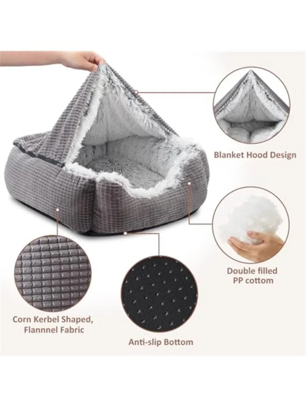 Hooded Dog Bed 25 Inch Orthopedic Cave Pet Bed Washable Grey Blanket Medium